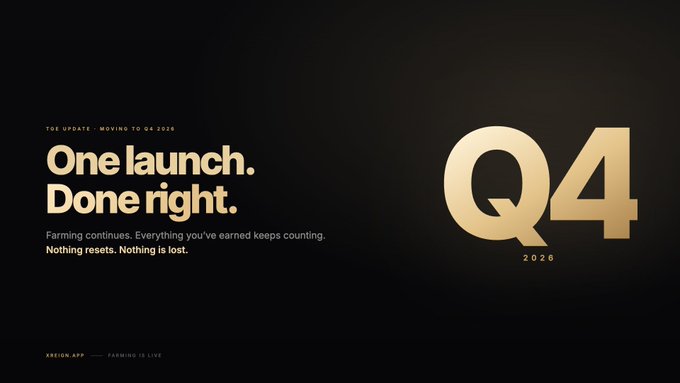 A sleek black and gold announcement graphic reading 'One launch. Done right.' with text about continuous farming and 'Nothing resets. Nothing is lost,' alongside a large 'Q4 2026' logo.