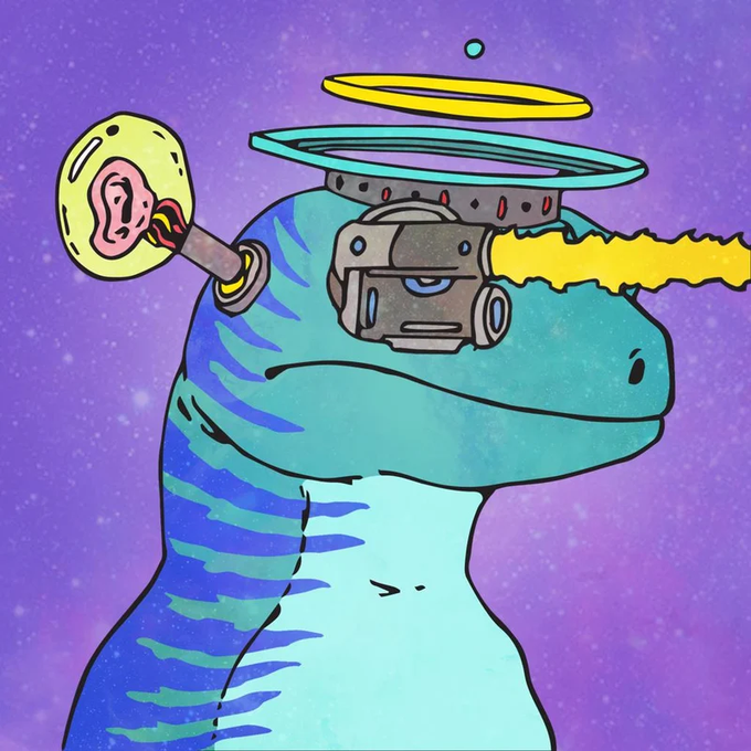 A cartoon illustration of a blue dinosaur-like creature with a mechanical, steam-emitting headpiece and a yellow horn, set against a purple starry background.