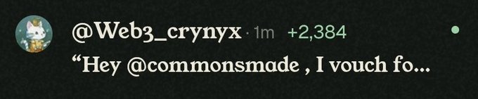 A social media post screenshot from user @Web3_crynyx that has gained +2,384 interactions, reading 'Hey @commonsmade, I vouch fo...'