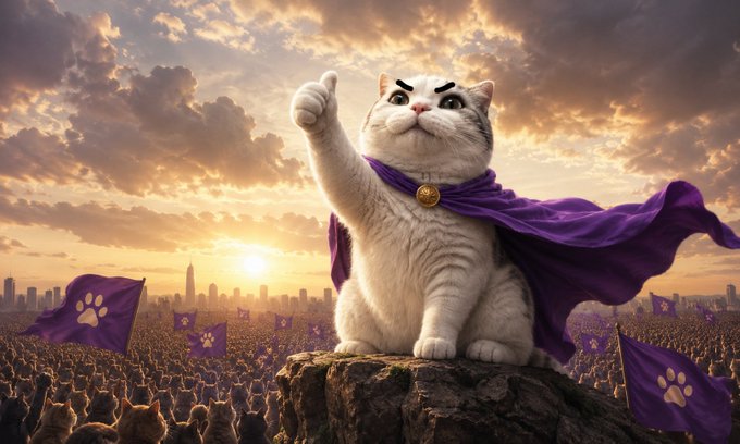 An anthropomorphic cat wearing a purple cape with a gold medallion gives a thumbs up while sitting on a rock, with an army and purple paw-print flags below against a sunset sky.