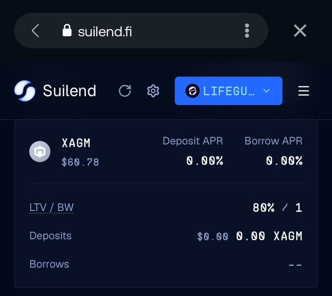 A screenshot of the Suilend.fi interface on the Sui network showing a token XAG with 0% deposit and borrow APR.