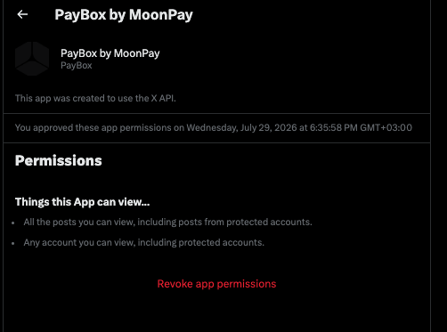 Screenshot of a Twitter/X app permissions page for 'PayBox by MoonPay', showing it was created to use the X API with permissions to view posts and accounts, approved on Wednesday, July 29, 2026.