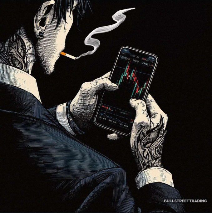 A stylized illustration of a tattooed man in a suit smoking a cigarette while looking at a stock trading chart on his phone, branded with 'BULLSTREETTRADING'.