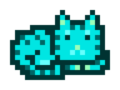 A pixel art sprite of a teal-colored cat-like creature with dark outlines against a white background.