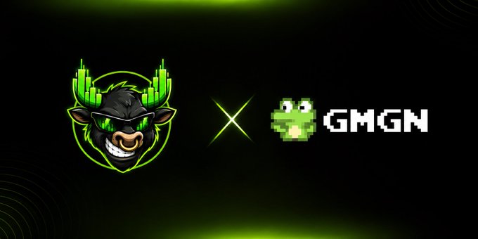 Black background graphic featuring a green neon gorilla/ape logo with city skyline design on the left and a pixelated green frog with 'GMGN' text on the right, separated by an X.
