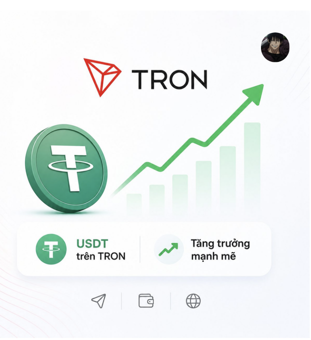 A promotional graphic for TRON featuring the TRON logo, a green USDT coin, an upward growth arrow with bar chart, and Vietnamese text 'USDT trên TRON' and 'Tăng trưởng mạnh mẽ'.