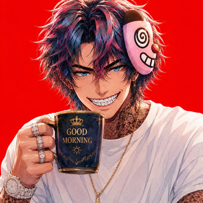 Anime-style illustration of a young man with multicolored pink and blue hair, holding a 'GOOD MORNING' mug, with a small mask-like figure perched on his head against a bright red background.