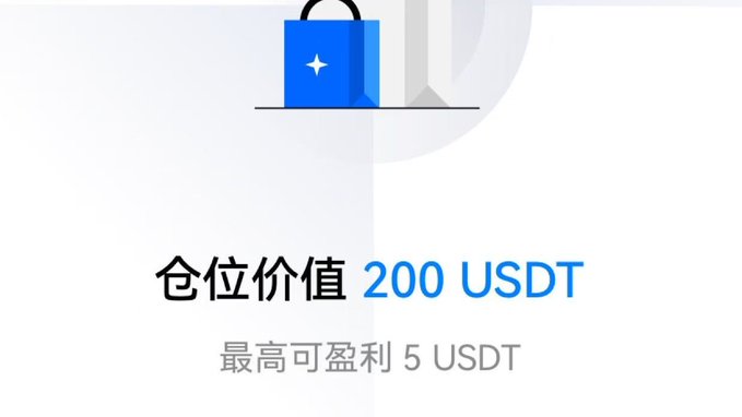 The image shows a blue shopping bag icon with text reading "仓位价值 200 USDT" (Position Value 200 USDT) and "最高可盈利 5 USDT" (Maximum Profit 5 USDT), illustrating a modest trading position size. The post's comment about the scale being "too grand" yet "beautifully written" highlights the irony of the elegant presentation masking what is actually a small 200 USDT position with only 5 USDT maximum profit potential.