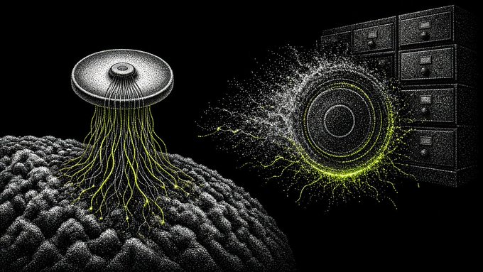 A digital illustration on a black background showing a mushroom-like structure with roots next to a stack of drawers, with one drawer bursting open revealing a glowing yellow circular pattern.