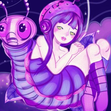 The image features a girl with purple hair wearing a purple dress, holding her hands together while sitting next to a caterpillar or slug-like creature that has been rendered in shades of purple and pink. The background appears to be a dark blue color, which contrasts with the vibrant colors of the girl's outfit and the creature she is sitting beside. The caption reads "PURPLE ART 『Changing』 2 left! 『Calmness and Serenity』 3 left!"