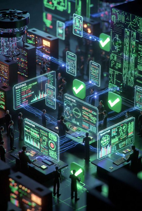 A futuristic digital scene showing miniature figures working among glowing holographic screens displaying bidding and counter data with green checkmarks.