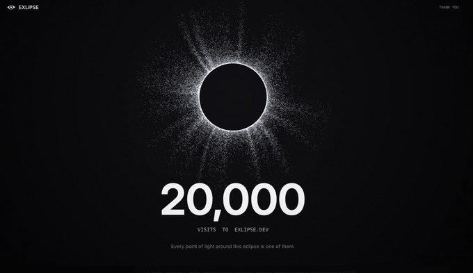 A dark website landing page with a sun-like eclipse graphic in the center, displaying '20,000 VISITS TO ECLIPSE.DEV' and text stating 'Every point of light around this eclipse is one of them.'