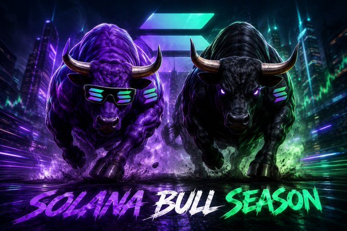A vibrant digital illustration titled 'SOLANA BULL SEASON' depicting a purple and a black bull wearing sunglasses, charging forward against a neon cityscape background with a Solana logo.