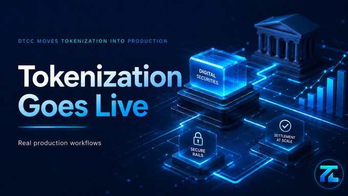 Promotional graphic titled 'Tokenization Goes Live' with subtitle 'Real production workflows' and header 'DTCC MOVES TOKENIZATION INTO PRODUCTION,' featuring icons for Digital Securities, Secure Rails, and Settlement at Scale.
