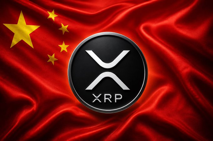 The image features a close-up of an XRP coin logo displayed against a red background with a Chinese flag. The XRP logo is positioned at the center of the frame, surrounded by the vibrant colors of the flag. The text "XRP TO $20 Chinese analyst Ninedex says XRP has followed a perfect capital expansion trend since 2014 with an annual growth rate of 32%." provides additional context about the coin and its significance in the market.