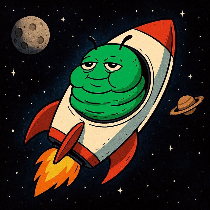 A cartoon illustration of a plump green caterpillar character riding a white and red rocket through outer space past the moon and a ringed planet.