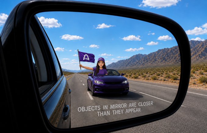 A view through a car's side mirror showing a person in a purple outfit and cap driving a purple convertible and waving a purple flag with an 'A' logo, with the text 'OBJECTS IN MIRROR ARE CLOSER THAN THEY APPEAR.'