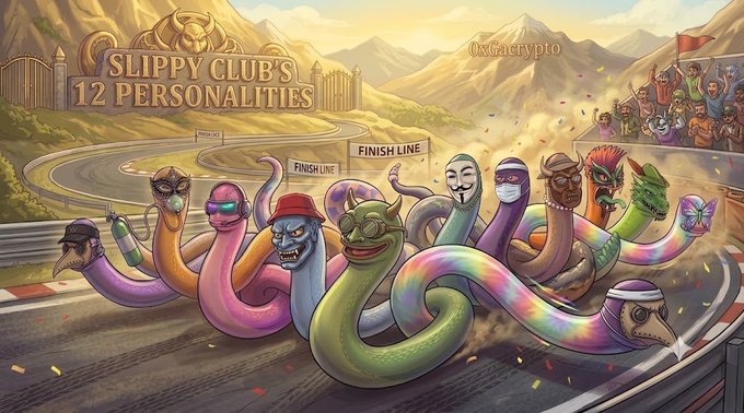 A vibrant illustration showcases "SLIPPY CLUB'S 12 PERSONALITIES" on a finish line banner, featuring a colorful lineup of snake characters with distinct traits—including Guy Fawkes masks, ninja masks, and a samurai—racing toward a cheering crowd, bringing the tweet's description of Slippy Club's diverse, mysterious characters to life.