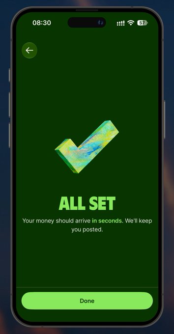 The image shows a confirmation screen with a green checkmark and the text "ALL SET" along with the message "Your money should arrive in seconds. We'll keep you posted," along with a "Done" button at the bottom, on a phone displaying the time 08:30 and 57% battery. This screen visually confirms the successful €10 EUR deposit from Wise to the Anodos card mentioned in the post, highlighting that the money arrived within seconds.