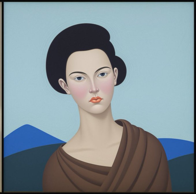A stylized portrait painting of an elegant woman with a dark updo hairstyle, rosy cheeks, and red lips, wearing a draped brown garment against a backdrop of blue sky and dark blue mountain peaks. The portrait's sophisticated, classical aesthetic conveys exclusivity and anticipation, complementing the post's urgent reminder about the limited 4-day window to mint from the @Divergents_eth project.