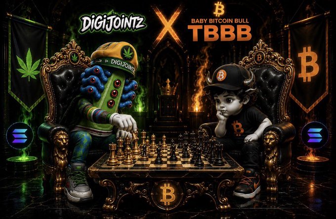 Promotional graphic for 'DIGIJOINTZ X BABY BITCOIN BULL TBBB' showing a green robot character and a baby in a Bitcoin hat playing chess, with Solana and Bitcoin symbols.