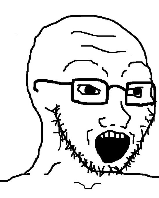 A black-and-white line drawing of a Wojak-style character with glasses, stubble, and an open mouth.