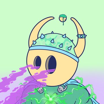 A digital illustration of a yellow, horned character wearing a spiked blue helmet, emitting purple and green energy from its mouth and hands.