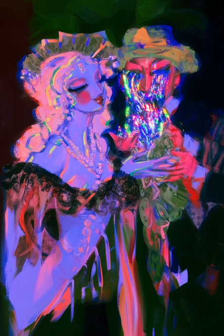 Vibrant, painterly digital artwork of a couple in 18th-century attire bathed in neon pink, blue, and green lighting, with a silhouetted figure in the lower right.