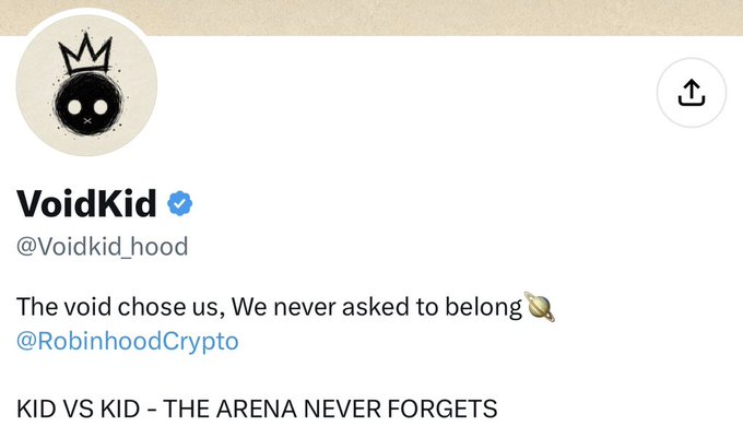A Twitter/X post from verified user 'VoidKid' (@Voidkid_hooD) reading 'The void chose us, We never asked to belong @RobinhoodCrypto' with the caption 'KID VS KID - THE ARENA NEVER FORGETS'.