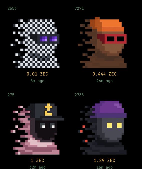 Four pixel art character portraits displayed with ZEC (Zcash) prices below each, including values like '0.01 ZEC', '0.444 ZEC', '1 ZEC', and '1.89 ZEC' with timestamps.