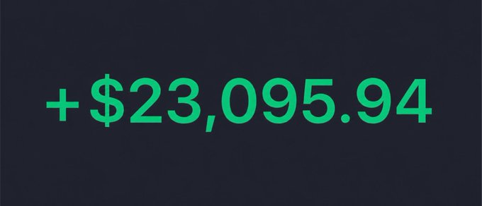 The image features bold green text on a dark background displaying "+$23,095.94," symbolizing a profitable trading day that surpasses the $20,000 milestone mentioned in the caption. The vibrant green color emphasizes positive earnings and reinforces the excitement of hitting a lucrative trading goal.