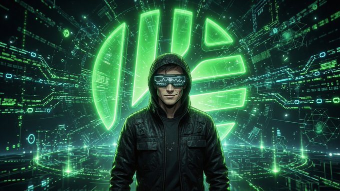 A digital art piece of a hooded figure wearing futuristic sunglasses with 'VIVA' or similar text, set against a green neon-lit circuit board background with glowing geometric shapes.