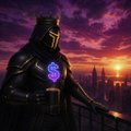 A dark knight in black armor with a glowing purple symbol on the chest, standing on a balcony overlooking a city at sunset.