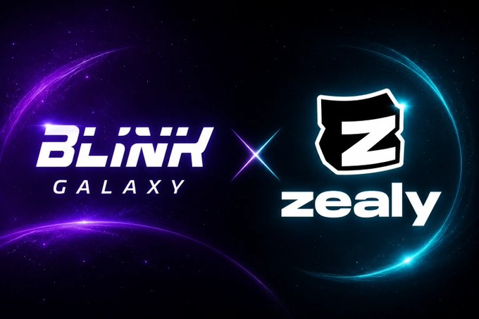 A promotional graphic featuring the logos of "BLINK GALAXY" and "zealy" separated by a glowing 'x' against a dark, space-themed background with purple and teal accents.