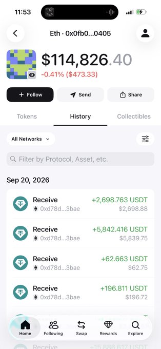 A cryptocurrency wallet screenshot showing an Ethereum address (0x0fb0...0405) holding $114,826.40, with USDT transaction history including receives of 2,698.763 USDT, 5,842.416 USDT, 62.663 USDT, and 196.811 USDT.