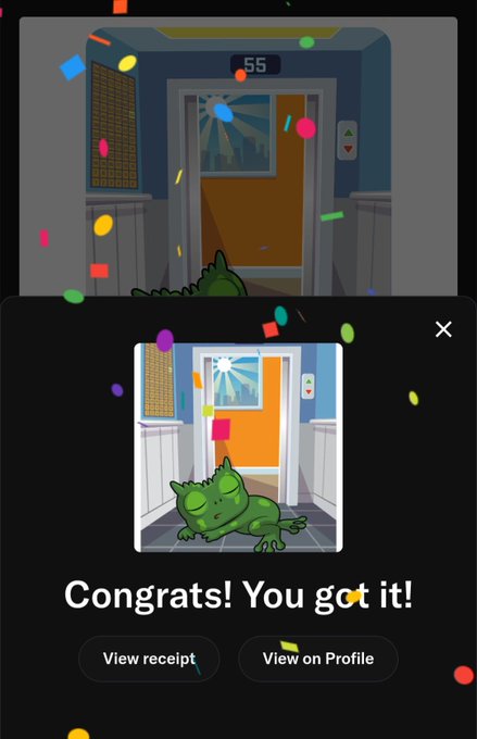 A mobile screenshot displays a small green chameleon lying in front of an elevator door, with "55" shown above and confetti raining down, celebrating with the message "Congrats! You got it!" alongside "View receipt" and "View on Profile" buttons. The image relates to the post by showcasing a collectible VeeFriends character card featuring a chameleon, presumably the NFT collected by the user between @veefriends and @StrongOnchain.