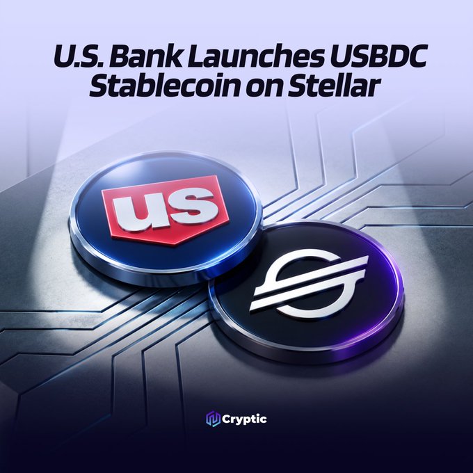 The image is a promotional graphic announcing "U.S. Bank Launches USBDC Stablecoin on Stellar," featuring two 3D-rendered circular tokens: one with the U.S. Bank logo (red shield with "us") and another with the Stellar logo (stylized "S"), both set against a tech-inspired circuit board background with the "Cryptic" logo at the bottom, visually reinforcing the news of U.S. Bank's $USBDC stablecoin debut on the Stellar network.