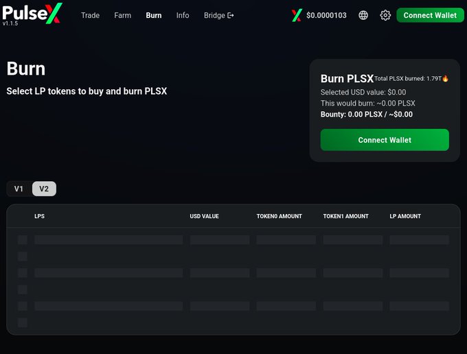 A screenshot of the PulseX v1.1.5 'Burn' interface showing the PLSX price at $0.0000103, with a summary panel displaying total PLSX burned (1.79+), zero selected USD value, and an empty LP token list table below.