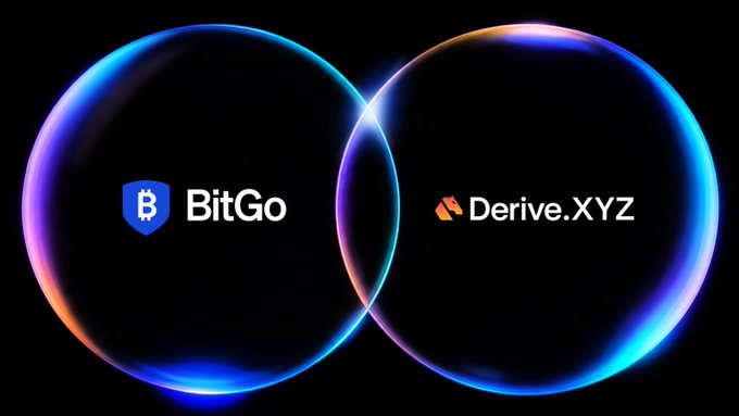 Two glowing blue spheres overlap against a black background, displaying the BitGo logo (with a shield "B" icon) and the Derive.XYZ logo.