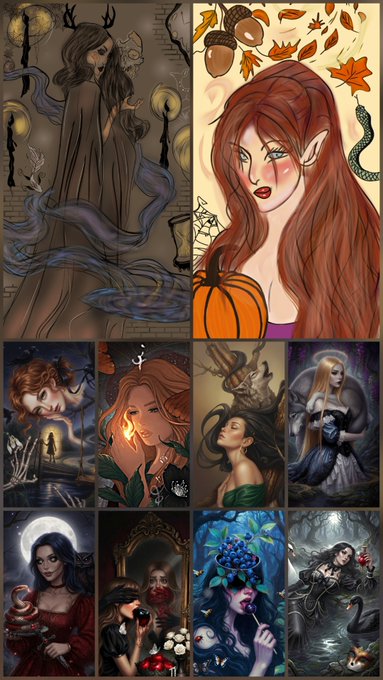 A collage of fantasy-style digital illustrations featuring women with various hair colors in scenes involving pumpkins, autumn leaves, and dark mysterious settings.