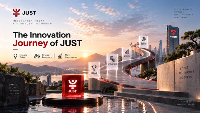 A promotional banner titled 'The Innovation Journey of JUST' features a futuristic cityscape with skyscrapers labeled 'TRON' and 'GLOBAL IMPACT,' highlighting themes of 'Innovate Today,' 'Stronger Ecosystem,' and 'More Opportunities.'