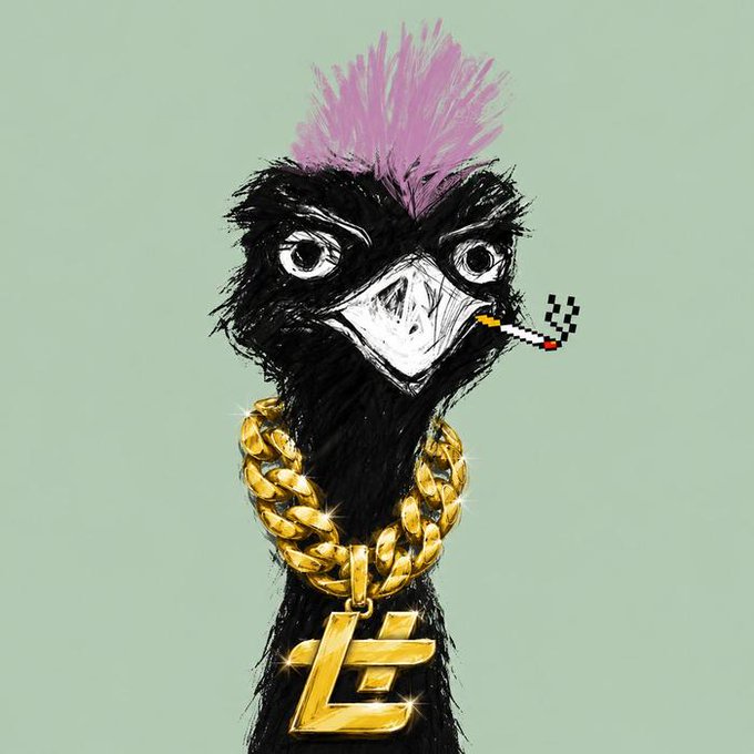 A stylized illustration depicts a black ostrich with a vibrant pink mohawk, wearing a thick gold chain with a pendant displaying the "L3" ticker, while casually holding a pixelated cigarette—evoking a bold, rebellious "Lord of the Rings"–style tribute to the L3Chain token as a dominant crypto "ring" soon to rise.