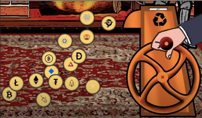 A cartoon illustration shows a hand steering a wheel on a "Tether" machine that's depositing various cryptocurrency tokens (including Bitcoin, Ethereum, and others) onto a Persian rug. The image visually represents the post's claim that TRX/Tether have the strongest connections to Iran, symbolizing how crypto funds flow through Tron/Tether under the radar of traditional sanctions on the Persian Rug.