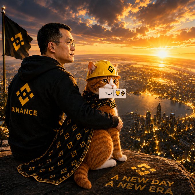 A man in a black "BINANCE" hoodie holds an orange cat wearing a yellow Binance hard hat and a Binance-patterned cape, overlooking a golden city skyline at sunset with the text "A NEW DAY A NEW ERA" and the Binance flag visible in the background. The image directly relates to the post by celebrating "Binance Cat day" for the $BNBCAT token, tying together Binance branding and its founder CZ in a heroic, meme-worthy scene.