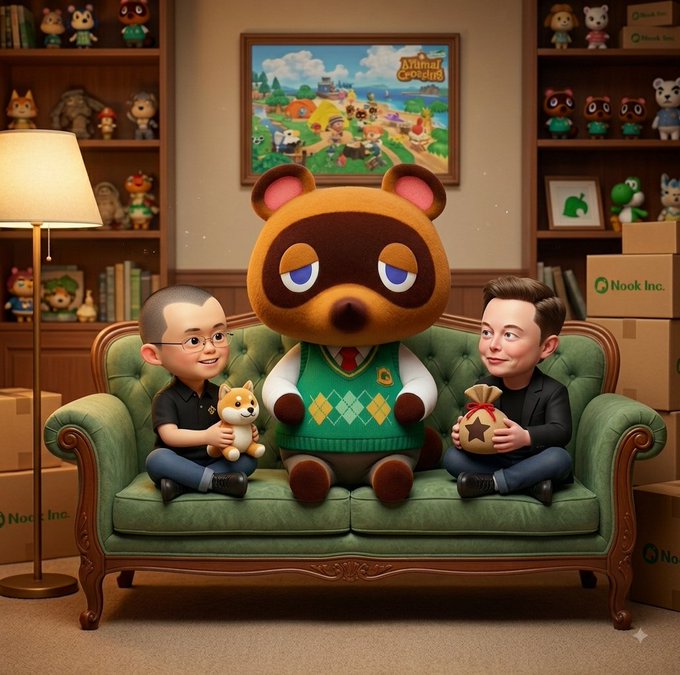 A whimsical digital illustration depicts two small cartoon men sitting on a green tufted couch with Tom Nook (the tanuki) from Animal Crossing, surrounded by shelves of figurines and 'Nook Inc.' boxes.