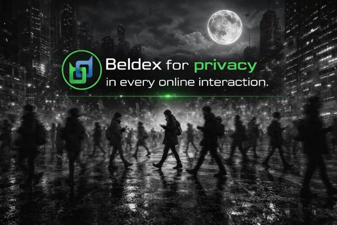 A promotional banner for Beldex reads 'Beldex for privacy in every online interaction' with a logo, set against a dark cityscape with people walking under a full moon.