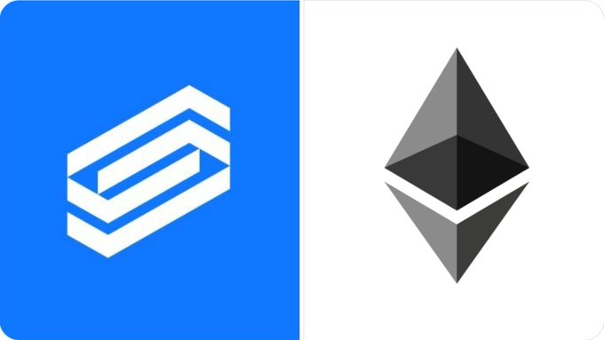 The image shows two side-by-side logos: the SharpLink gaming logo (white stacked design on a blue background) on the left and the Ethereum logo (diamond-shaped geometric icon in black and gray) on the right. This visually represents SharpLink's $15 million Ethereum purchase, highlighting the company's significant crypto investment alongside its brand identity.