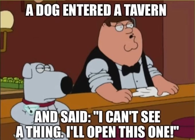 The image features a cartoon scene with two characters - a dog and a man dressed as a waiter or bartender. The man, wearing a black vest and bow tie, is sitting behind a bar counter while the dog stands next to him. They are both looking at each other in an amusing manner. Below them, there's text that reads: "A dog entered a tavern. A dog. I can't see anything. I'll open this one!". The image seems to be related to a humorous post or meme about the cartoon characters and their adventures together.
