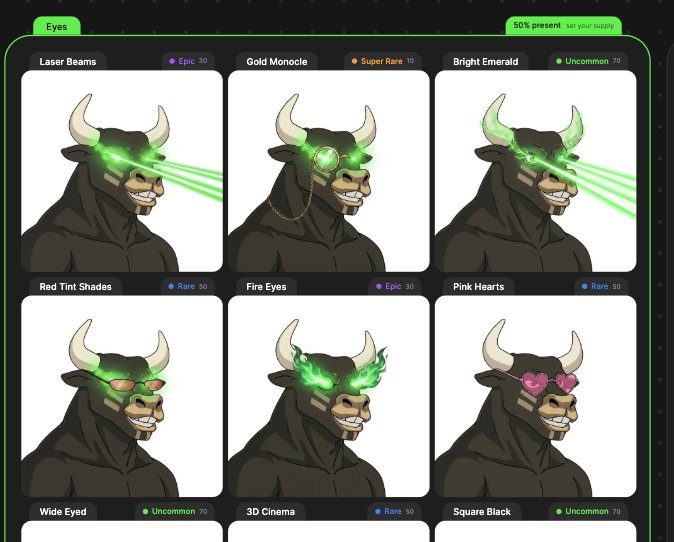 A digital marketplace interface displaying various eye accessories for a bull character, including "Laser Beams," "Gold Monocle," "Bright Emerald," "Red Tint Shades," "Fire Eyes," and "Pink Hearts" with rarity tags like Epic, Super Rare, Uncommon, and Rare.
