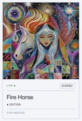 Mobile screenshot of an NFT marketplace listing for 'Fire Horse' Edition 1/2 by an artist named ELYN, showing a colorful, psychedelic illustration of a woman and a unicorn with a live floor price of 0.0051.